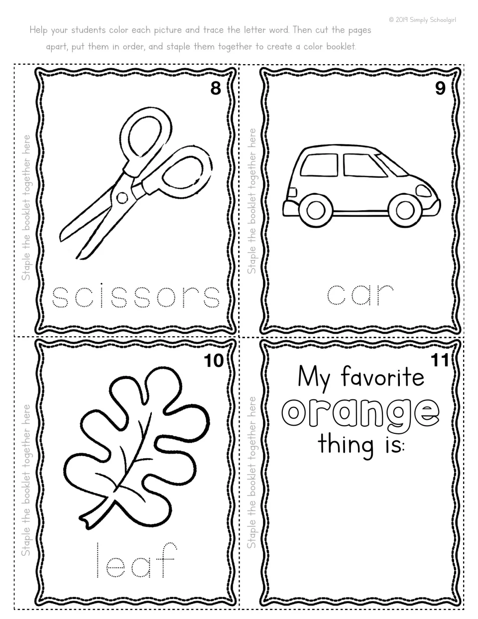 Orange color booklet pages 8-11: color and trace scissors, car and leaf, then finish My favorite orange thing is: