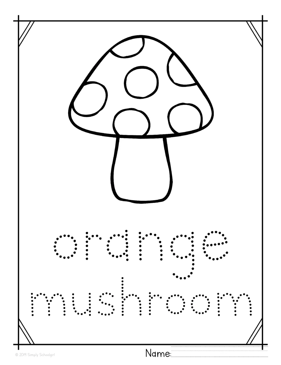 Orange mushroom tracing page: students color the spotted mushroom and trace the dotted words orange mushroom
