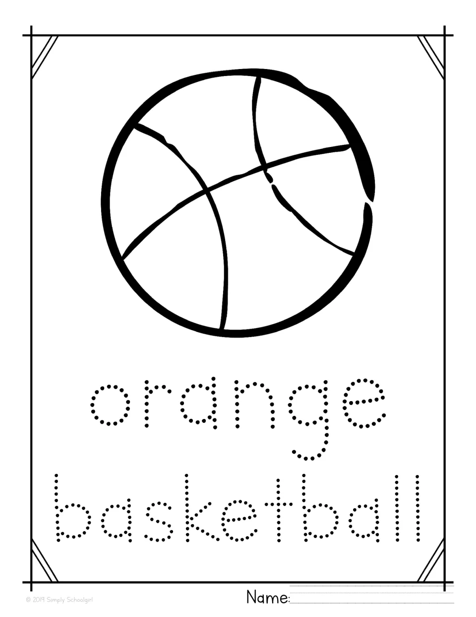 Orange basketball tracing page: students color the basketball and trace the dotted words orange basketball