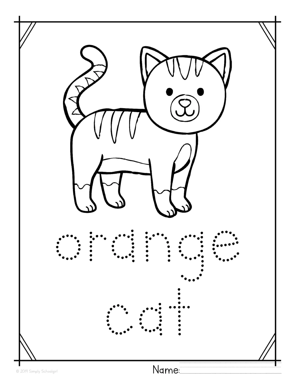 Orange cat tracing page: students color the striped cat and trace the dotted words orange cat below it