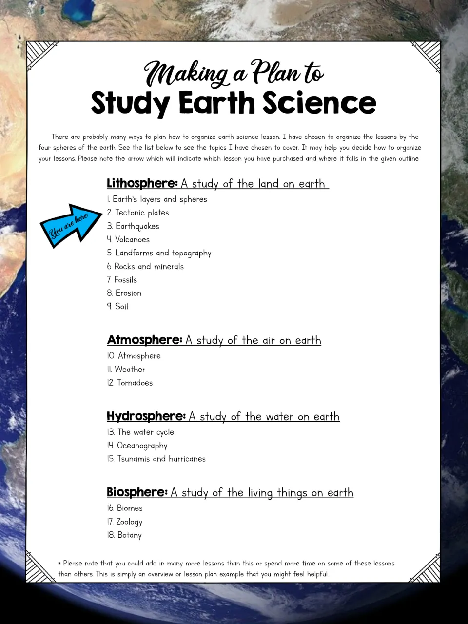 Earth science study plan: 18 lessons grouped by lithosphere, atmosphere, hydrosphere and biosphere, tectonic plates marked