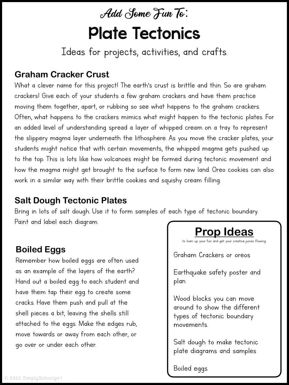Plate movement hands-on ideas: graham cracker crust, salt dough boundaries and cracked boiled eggs, plus a prop list