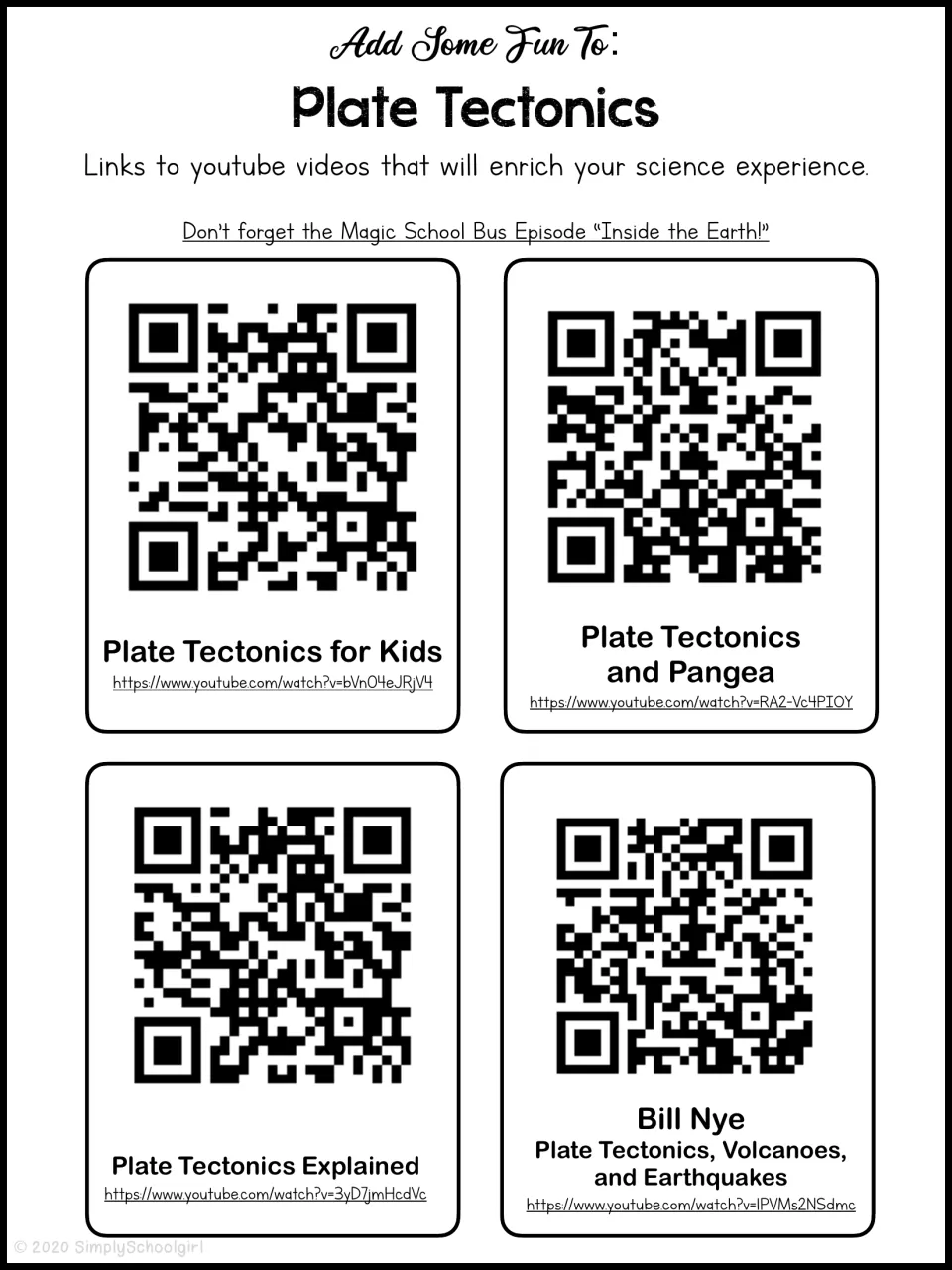 Plate tectonics video links: QR codes for four YouTube videos, including Bill Nye, plus a Magic School Bus tip