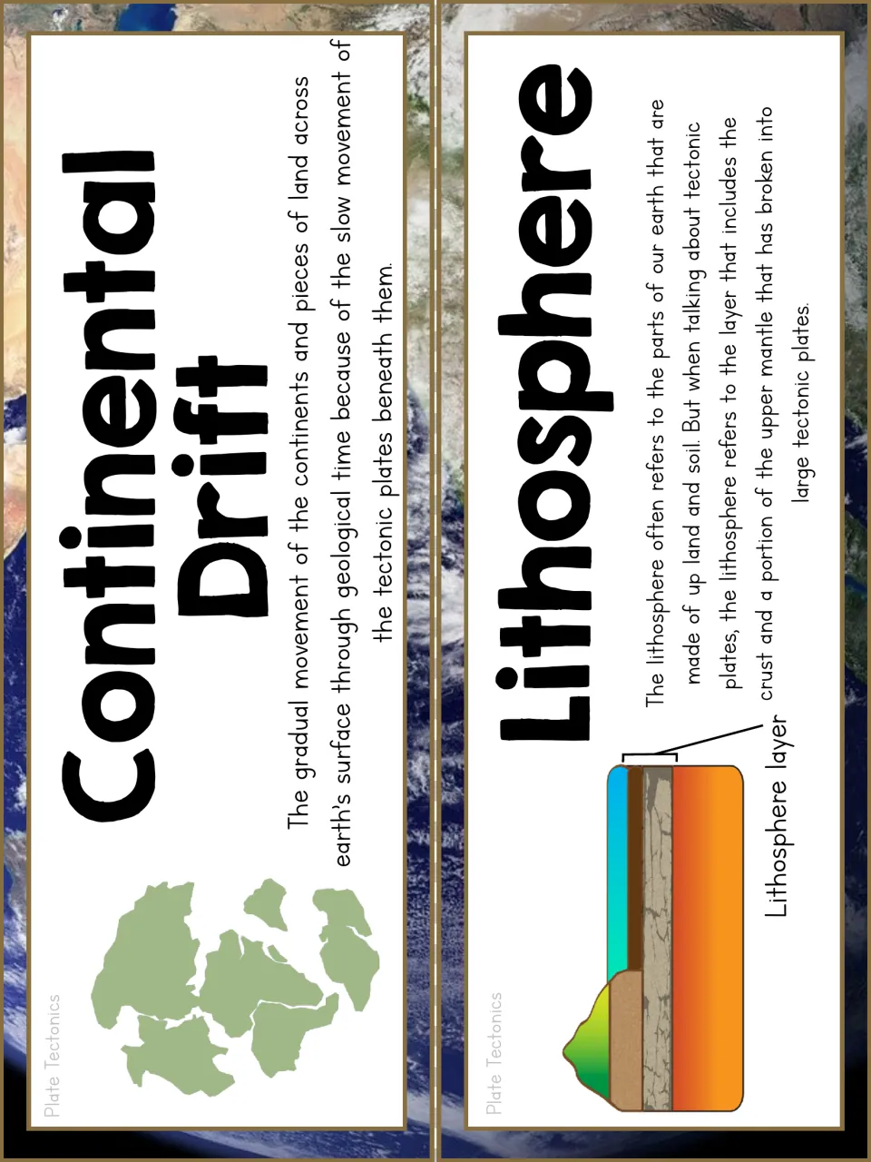 Vocabulary cards: continental drift with a map of shifting landmasses and lithosphere with a labeled layer diagram