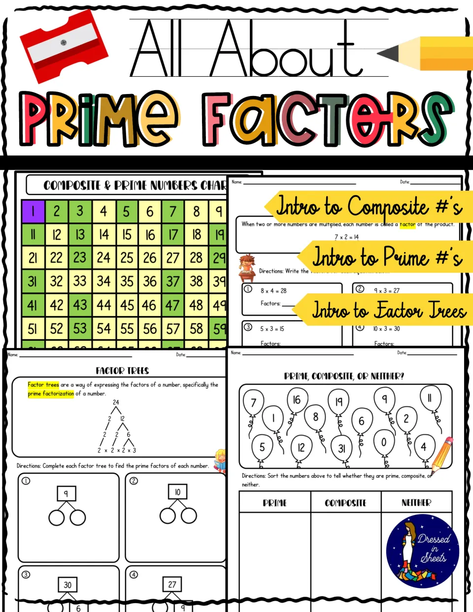 Cover for All About Prime Factors: intro to composite numbers, prime numbers and factor trees, with sample pages shown