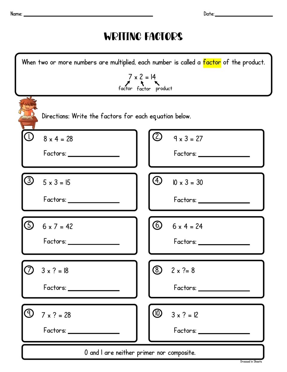 Writing factors: students name the factors in 10 multiplication facts such as 9 x 3 = 27, some with a missing factor