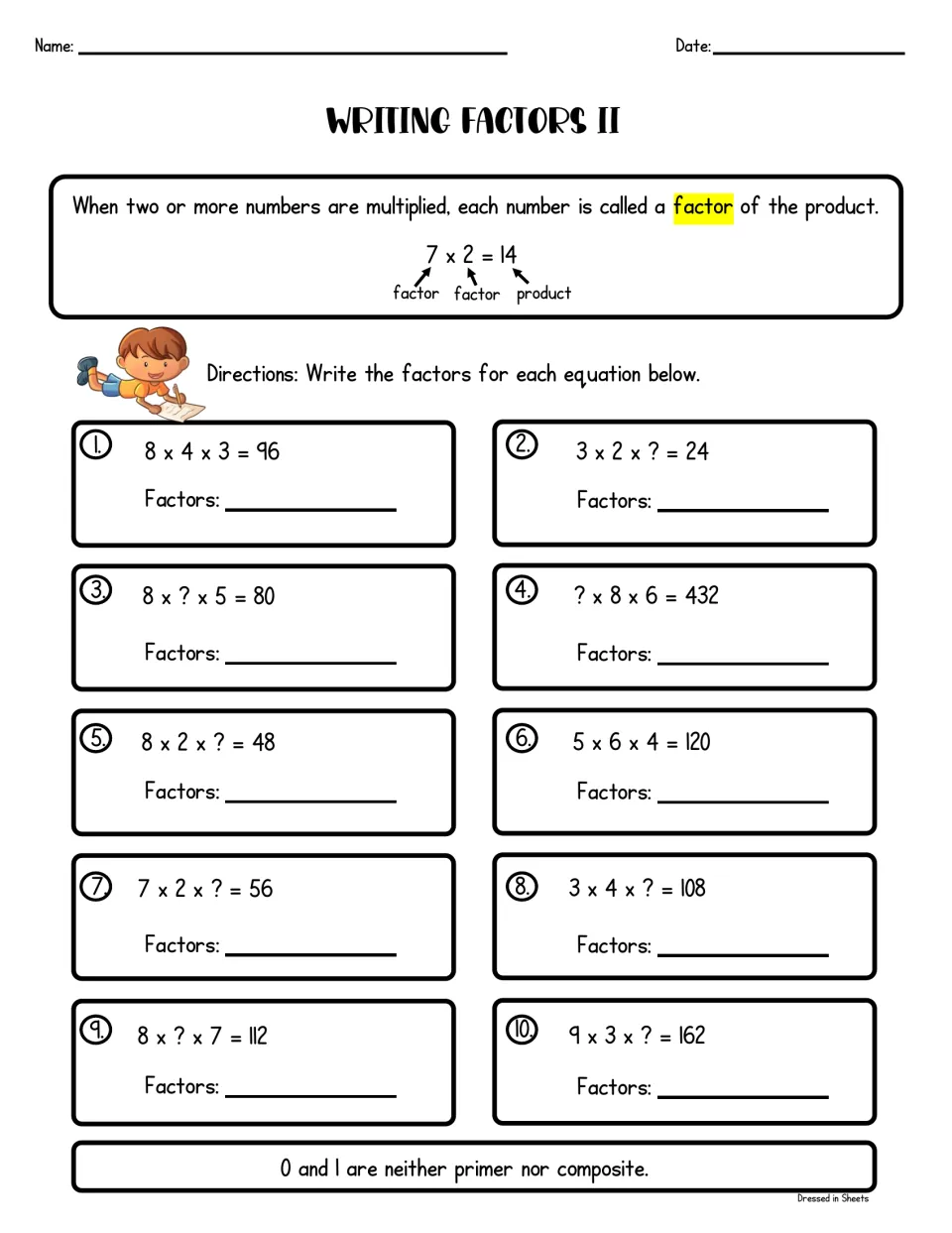 Writing factors II: students list factors in 10 three-factor equations like 8 x 4 x 3 = 96 and find missing factors
