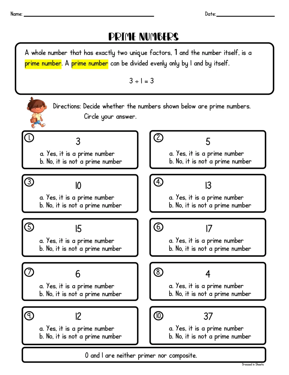 Prime numbers: students read a definition, then circle yes or no for whether each of 10 numbers, like 13 or 15, is prime