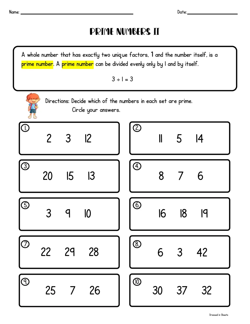 Prime numbers II: students circle the prime numbers in each of 10 sets of three, such as 22, 29 and 28