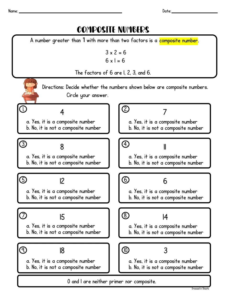 Composite numbers: with the factors of 6 as a model, students circle yes or no for whether 10 numbers are composite