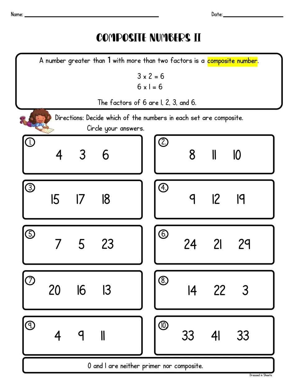 Composite numbers II: students circle the composite numbers in each of 10 sets of three, such as 15, 17 and 18