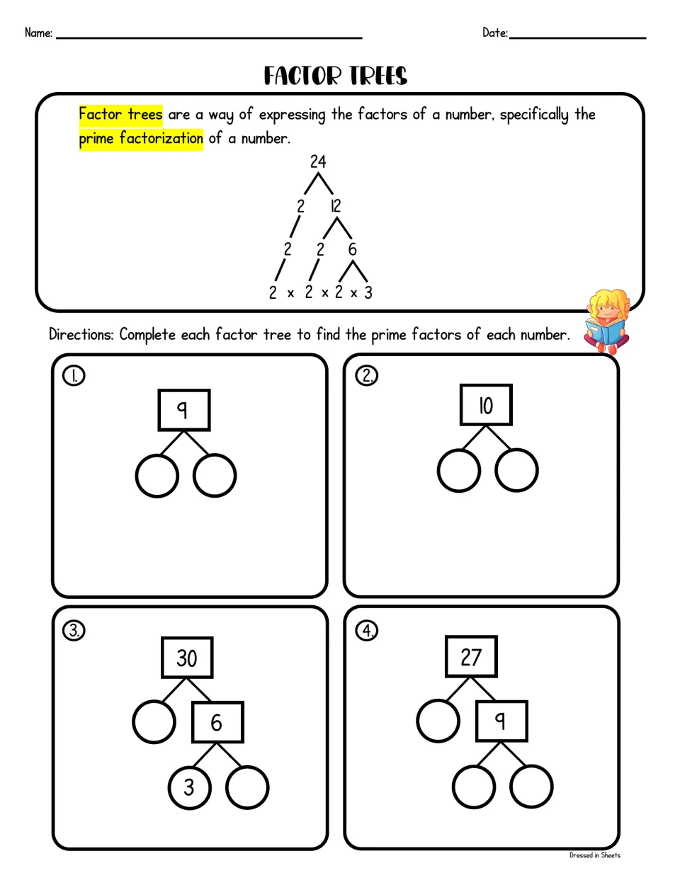 Factor trees: after a worked tree for 24, students complete factor trees to find the prime factors of 9, 10, 30 and 27