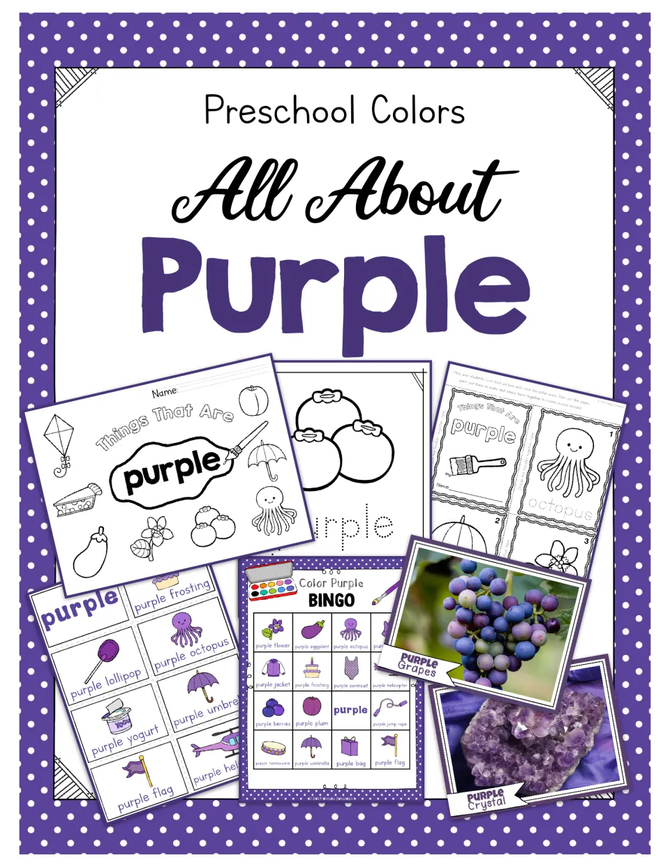 Preschool color unit cover titled 'All About Purple,' showing coloring, tracing, bingo, and photo samples