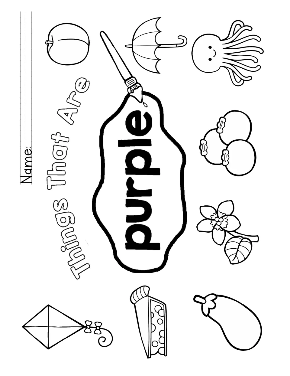 'Things That Are Purple' coloring sheet includes a kite, pie, eggplant, flower, berries, plum, and more