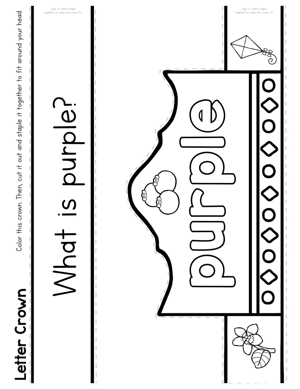 Purple crown template asks 'What is purple?' and includes berries, a flower, and a kite to color