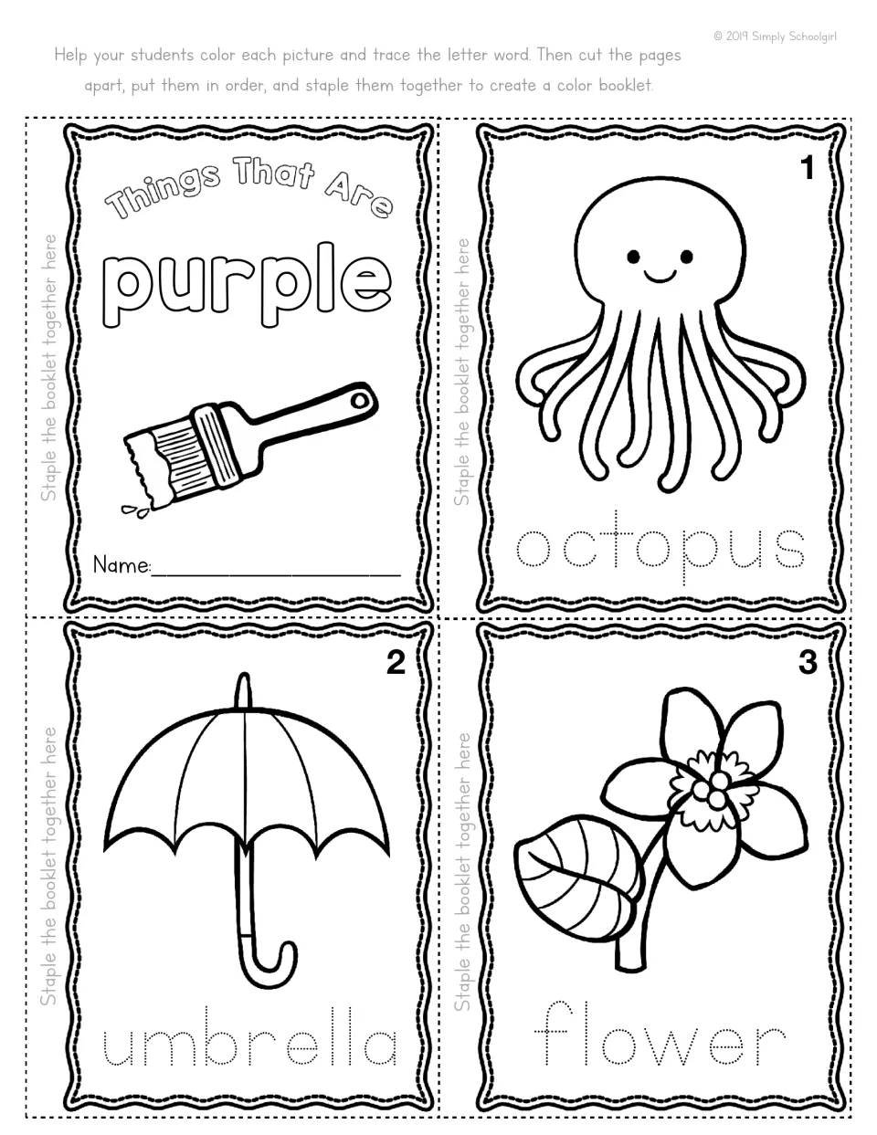 Purple mini book cover and pages 1–3, printed four per sheet, with octopus, umbrella, and flower to trace