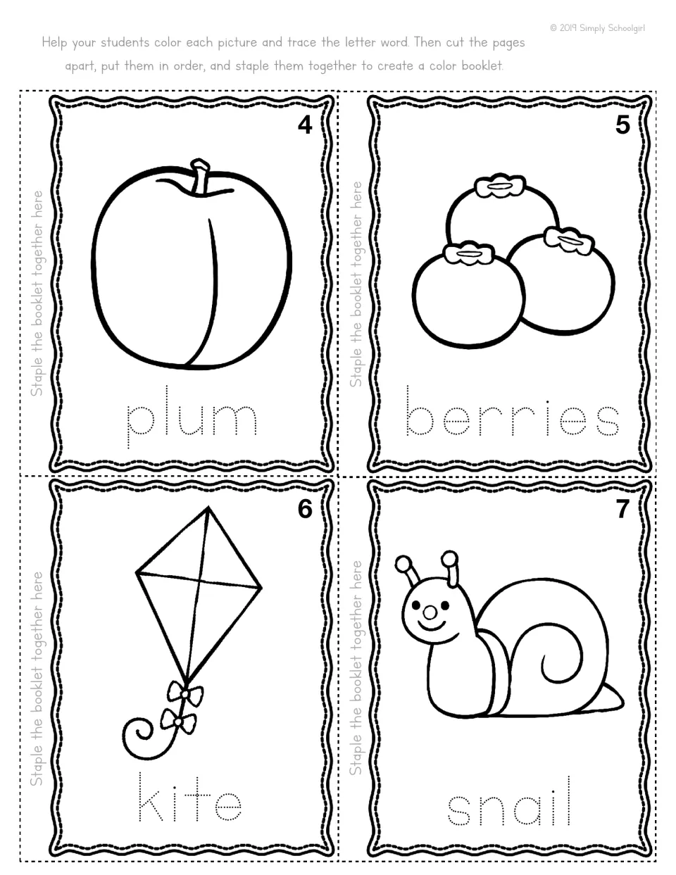 Purple mini book pages 4–7, printed four per sheet, feature plum, berries, kite, and snail words to trace