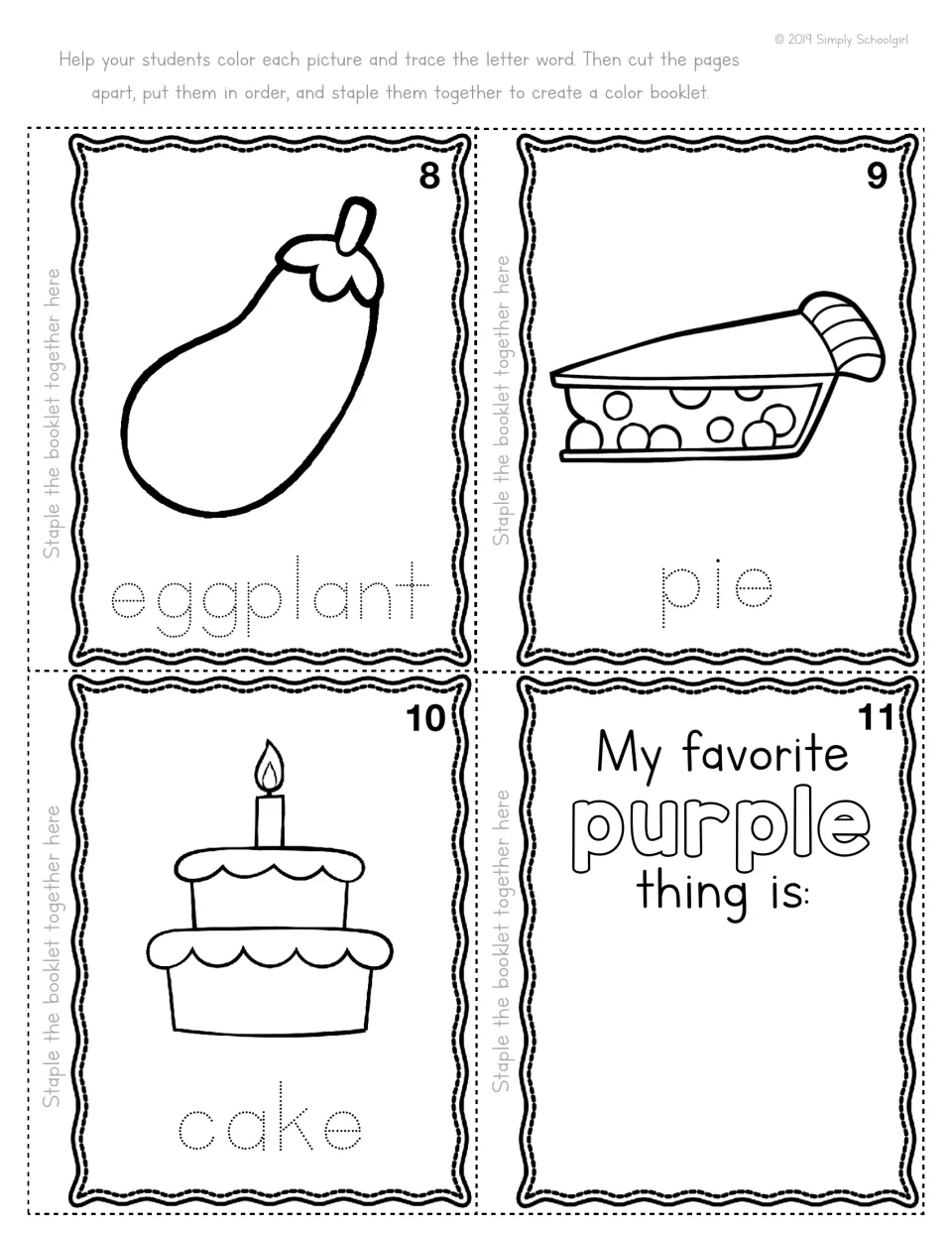 Purple mini book pages 8–11 include eggplant, pie, cake, and the prompt 'My favorite purple thing is:'