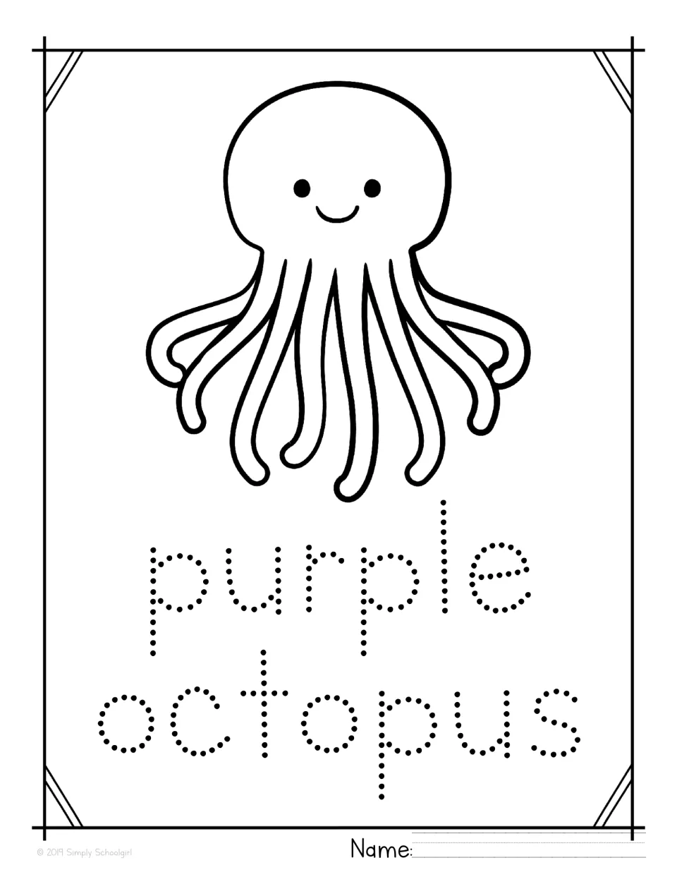 Purple color unit tracing poster features an octopus to color and the dotted words 'purple octopus'