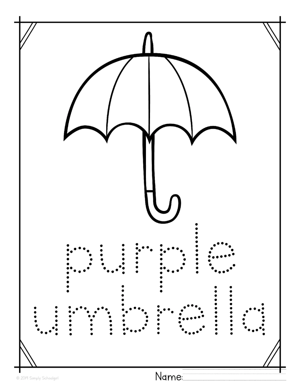 Purple color unit tracing poster features an umbrella to color and the dotted words 'purple umbrella'