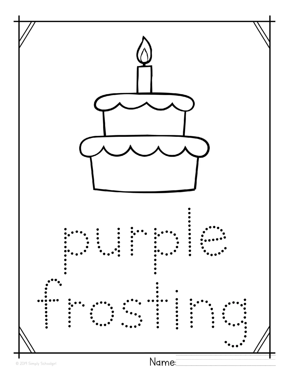 Purple color unit tracing poster features a cake to color and the dotted words 'purple frosting'