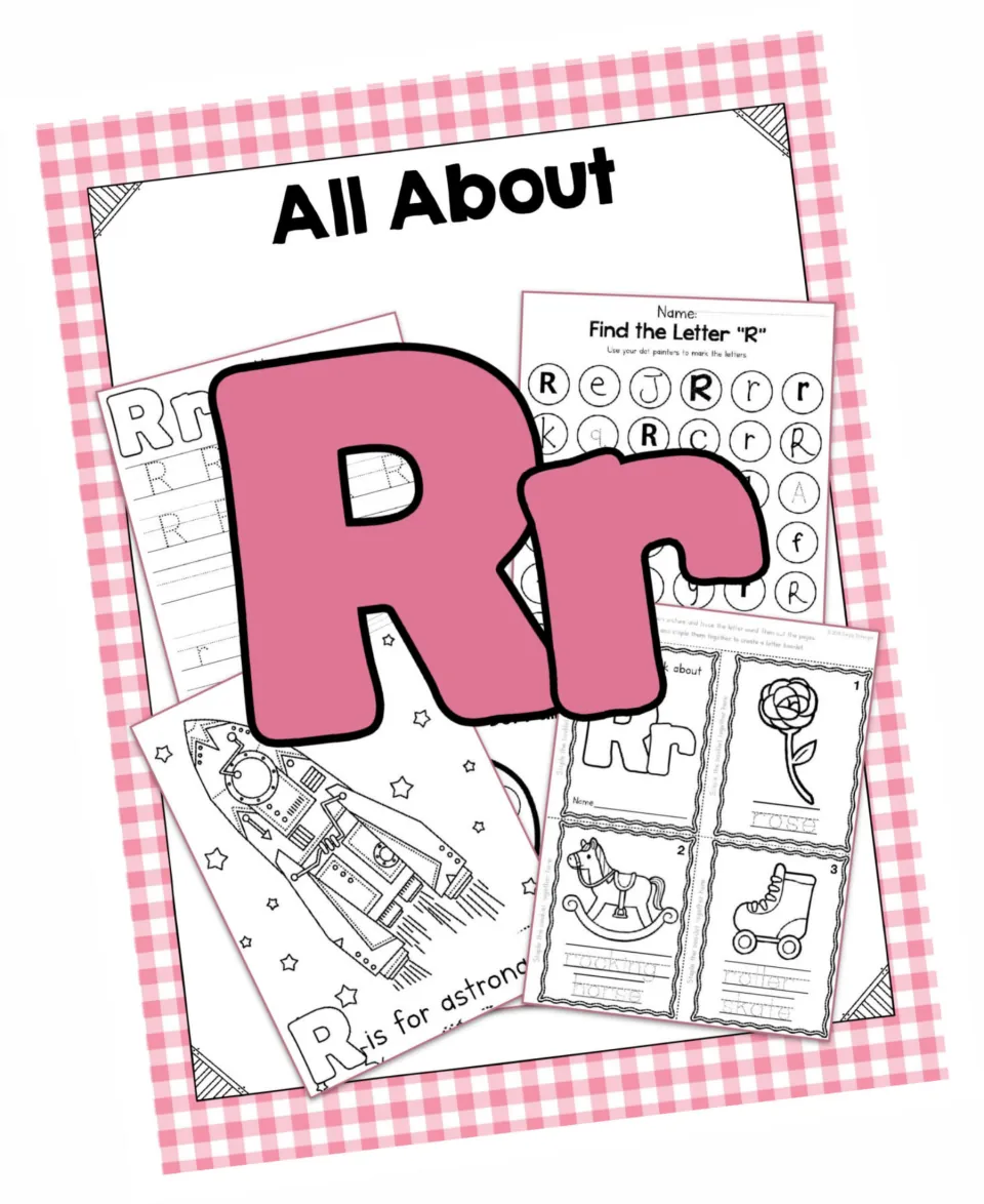 Letter R unit cover labeled 'All About' with uppercase R, lowercase r, and samples of letter activities
