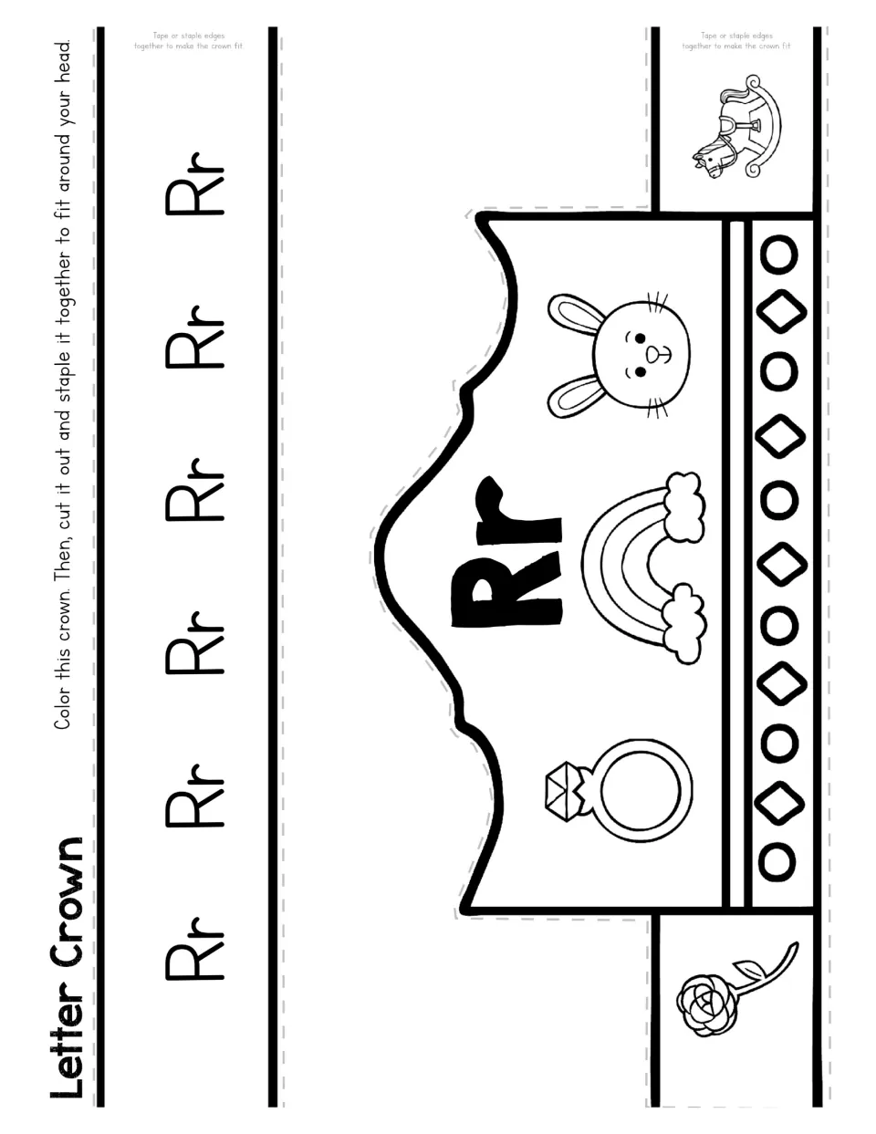 Letter R crown craft to color, cut, and staple features Rr, a ring, rainbow, rabbit, rose, and rocking horse