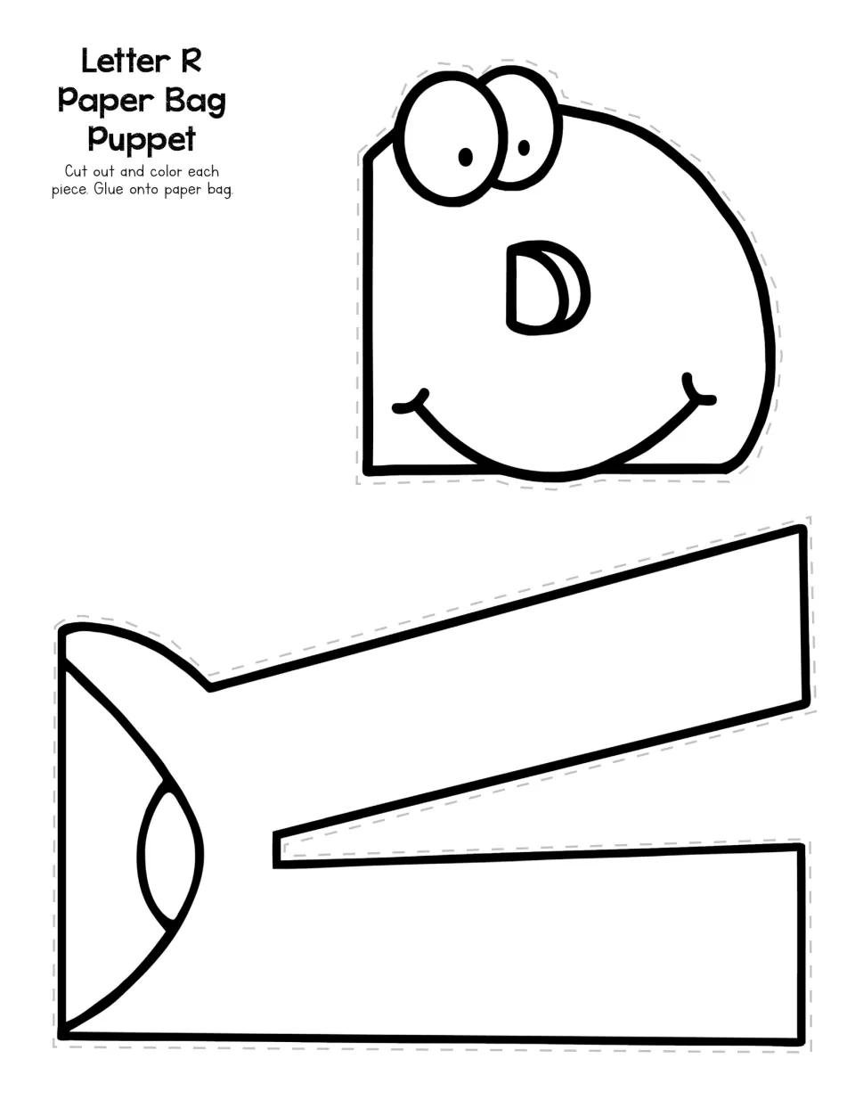 Letter R paper bag puppet template has two pieces to cut out, color, and glue onto a bag to form the letter