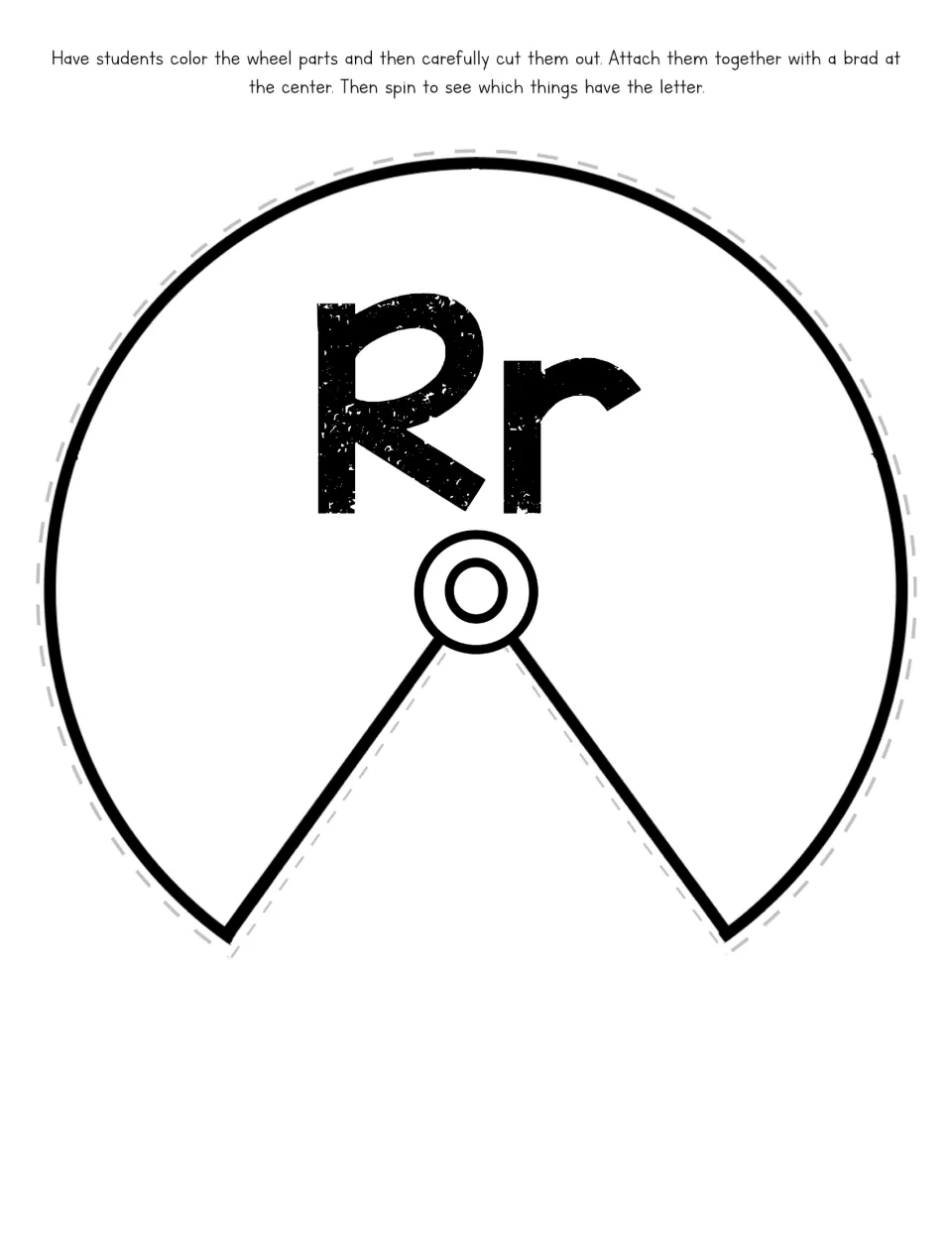 Letter R picture wheel cover displays Rr and a cutaway opening; directions say to join the parts with a brad