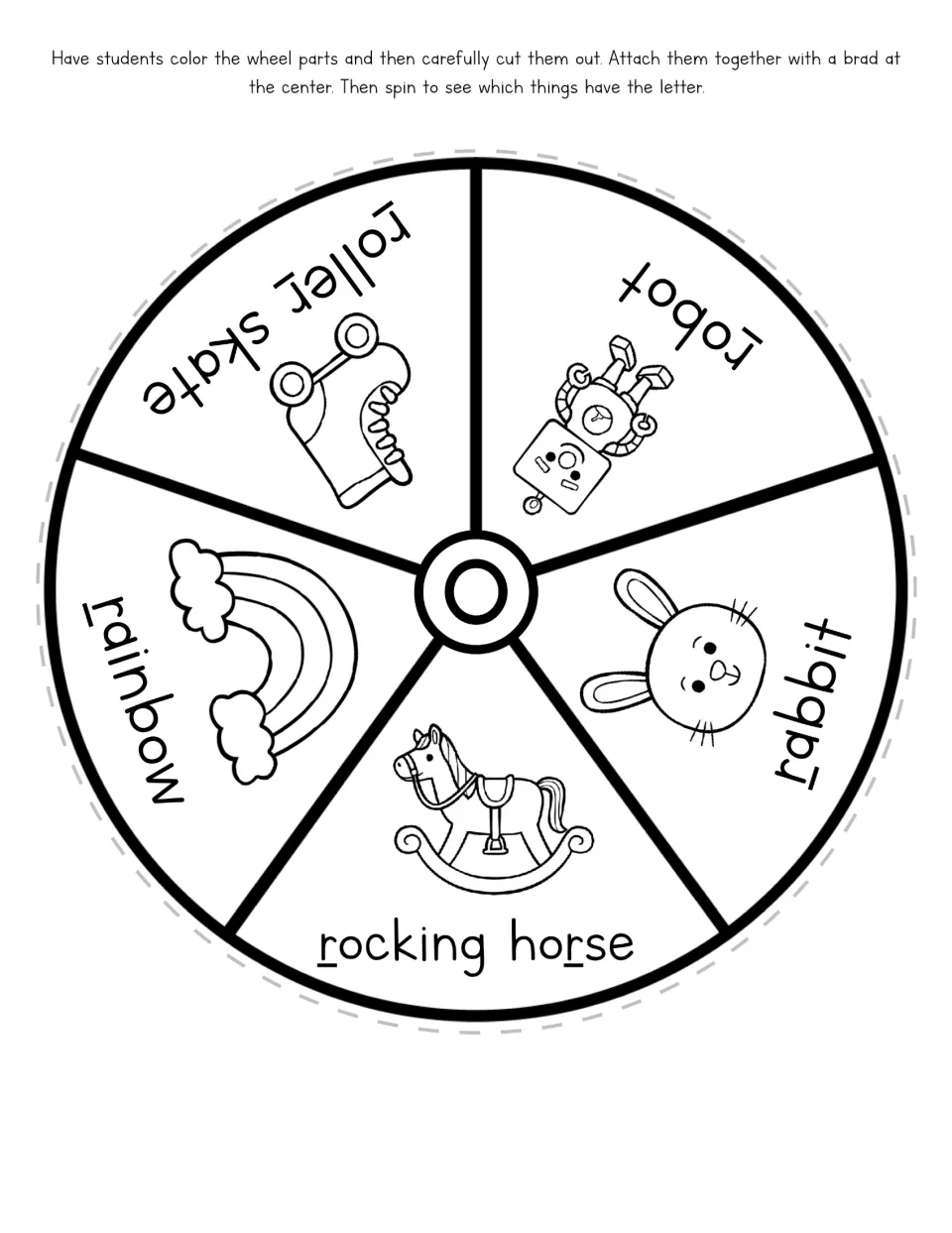 Letter R picture wheel base has five labeled pictures: roller skate, robot, rabbit, rocking horse, and rainbow