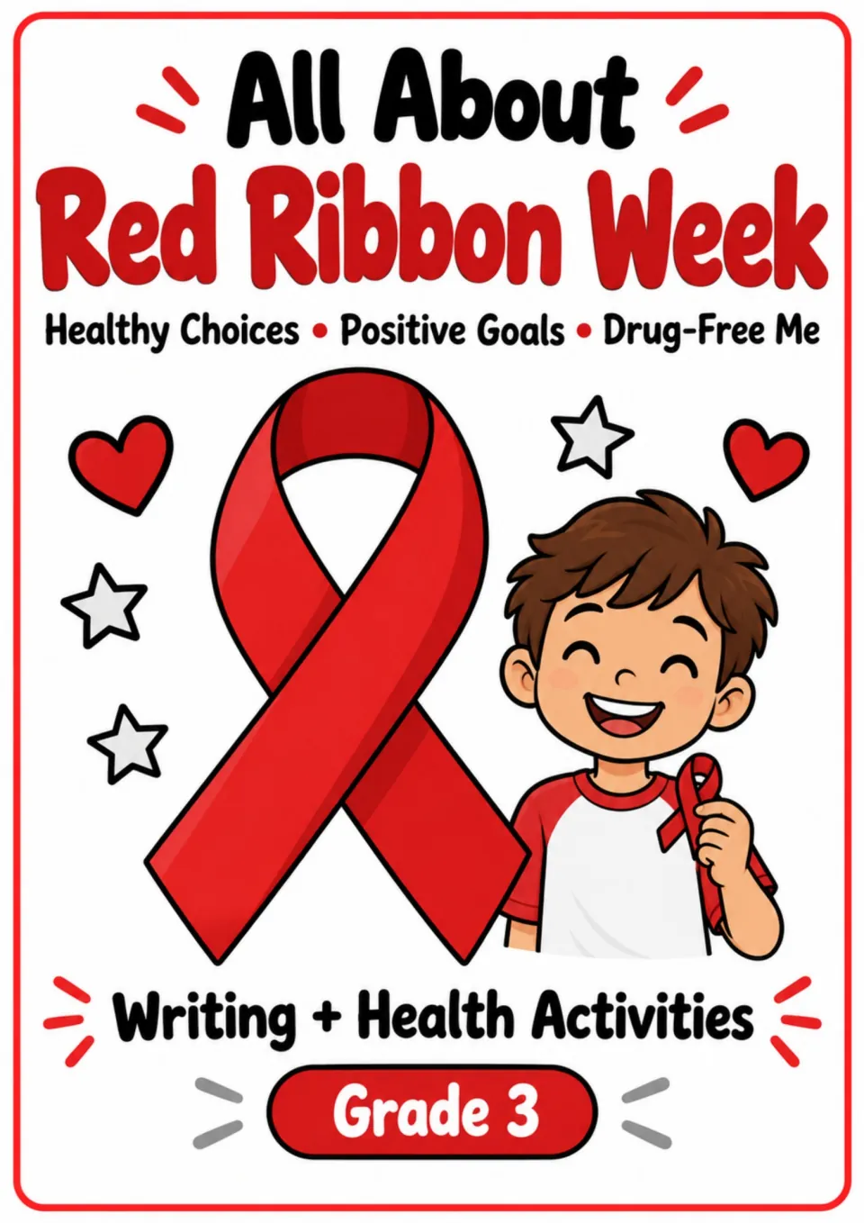 Red Ribbon Week cover introducing Grade 3 writing and health activities on healthy choices and positive goals