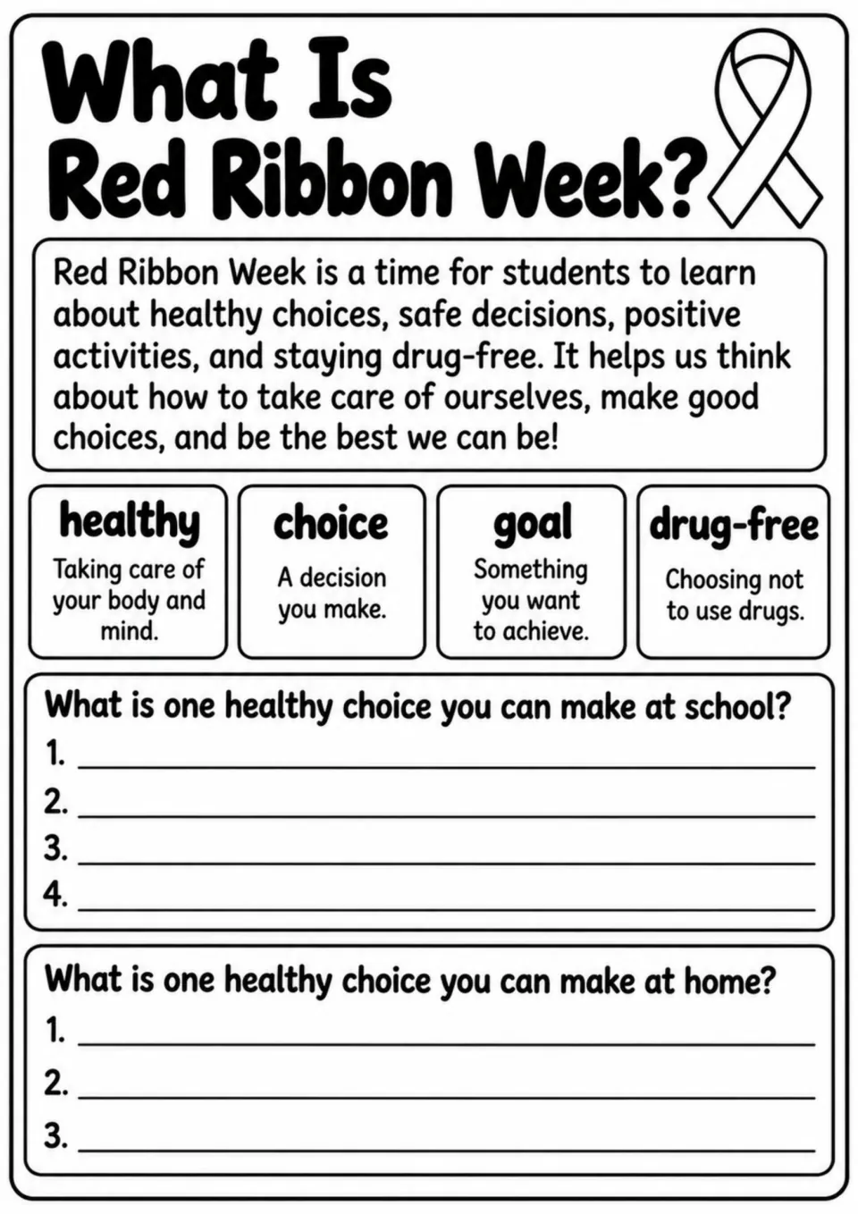 Red Ribbon Week introduction defines healthy, choice, goal, and drug-free, then asks about home and school choices