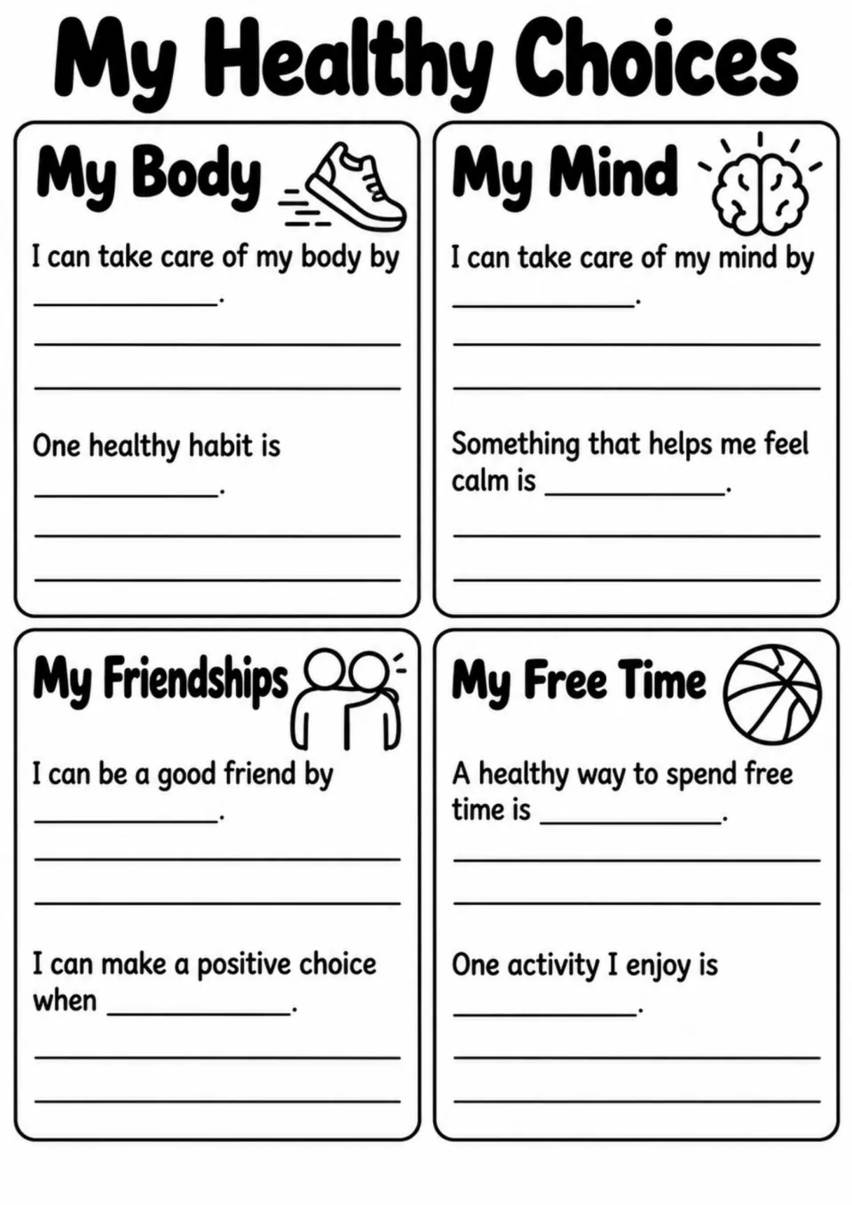 My Healthy Choices reflection asks students about caring for their body and mind, friendships, and free time