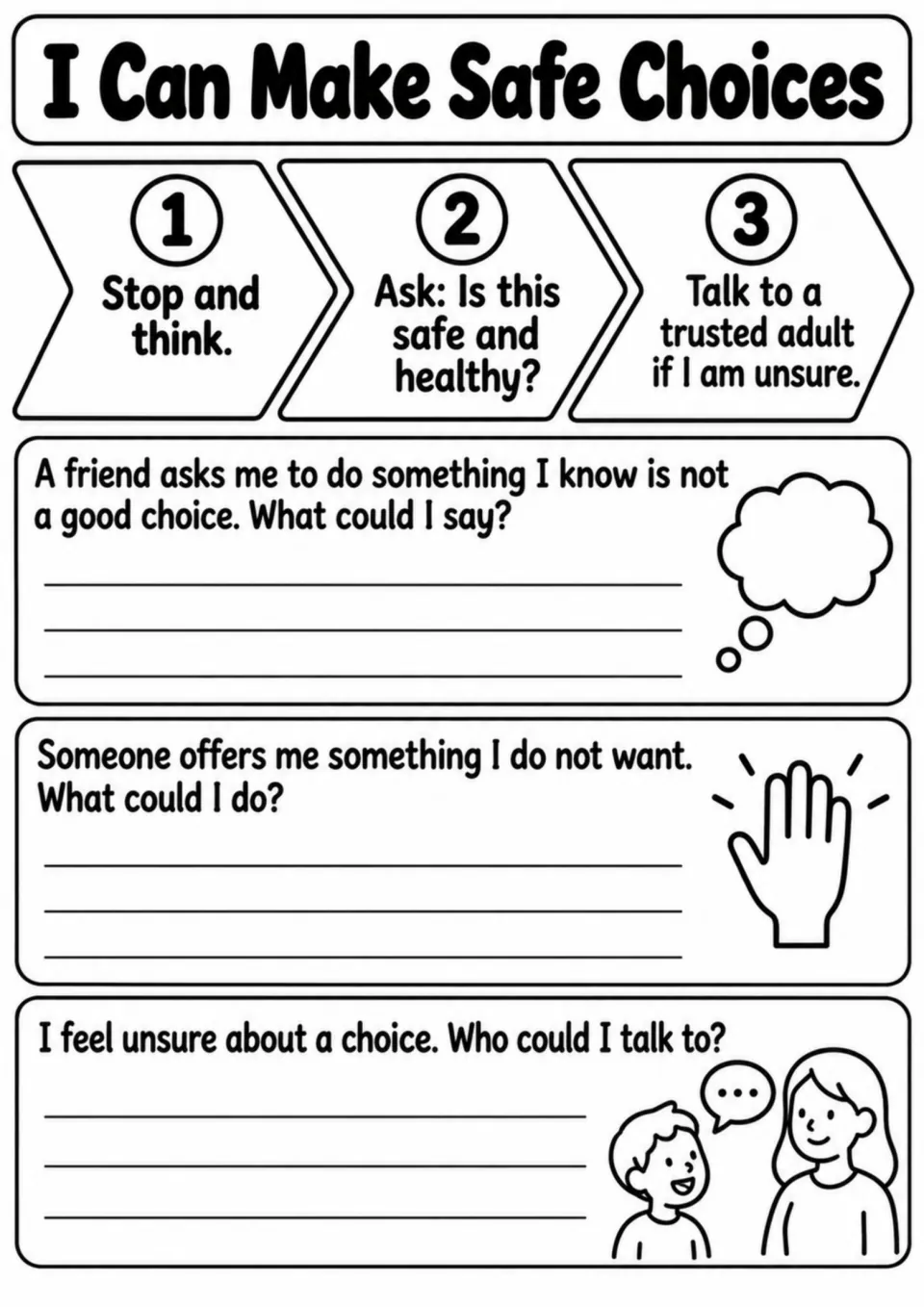 Safe-choice activity teaches stop and think, check safety, and ask an adult, followed by three response prompts
