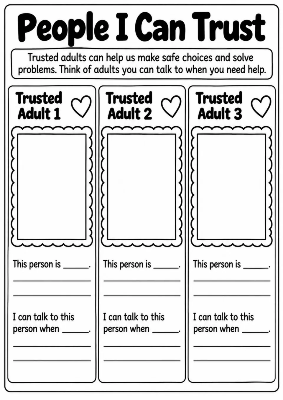 People I Can Trust activity asks students to identify three trusted adults and explain when to talk to each