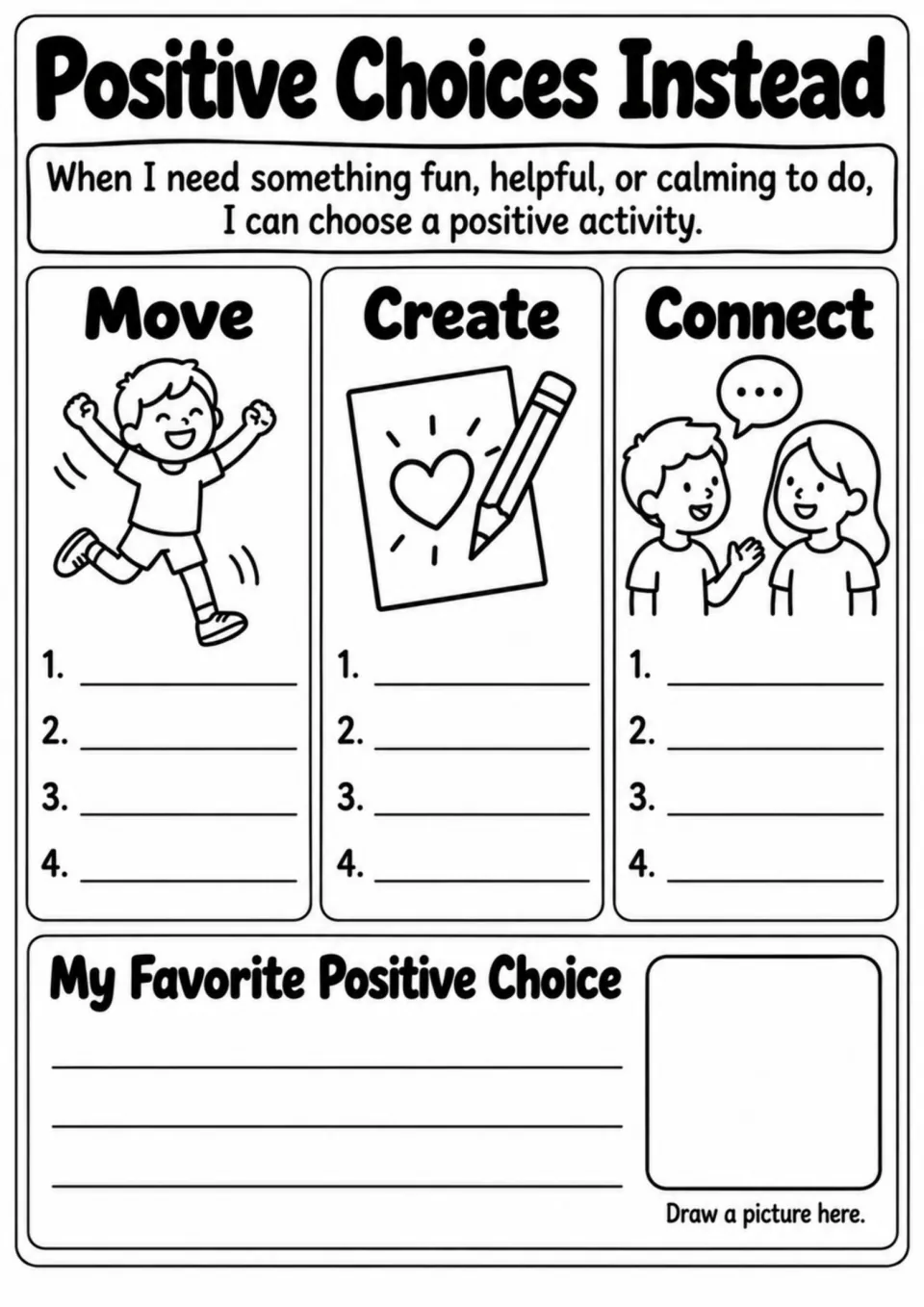 Positive Choices Instead activity asks for Move, Create, and Connect ideas plus a favorite choice to write and draw