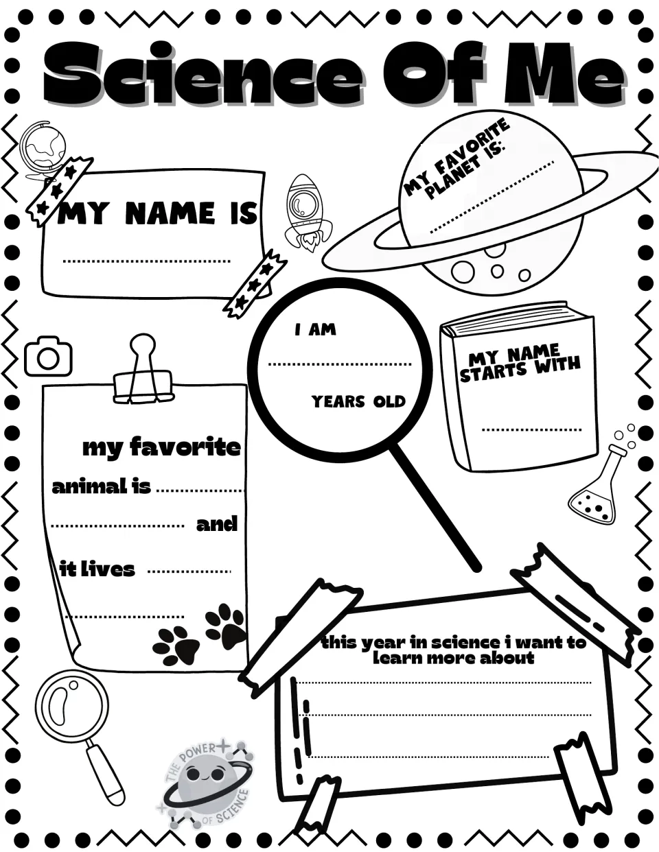 Science Of Me, black and white: students write name, age, first letter, favorite planet and animal, and a science goal