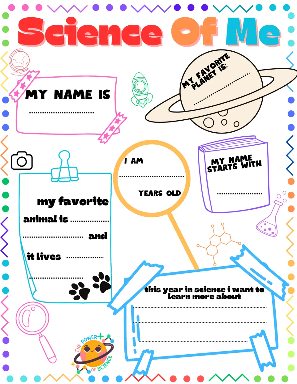 Science Of Me in color: students fill in name, age, favorite planet and animal, name's first letter and a science goal