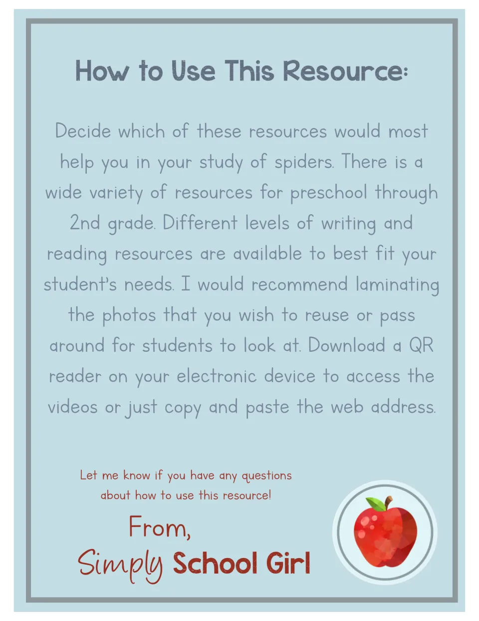 Unit usage guide for preschool through second grade, covering reading levels, photo reuse, and video access