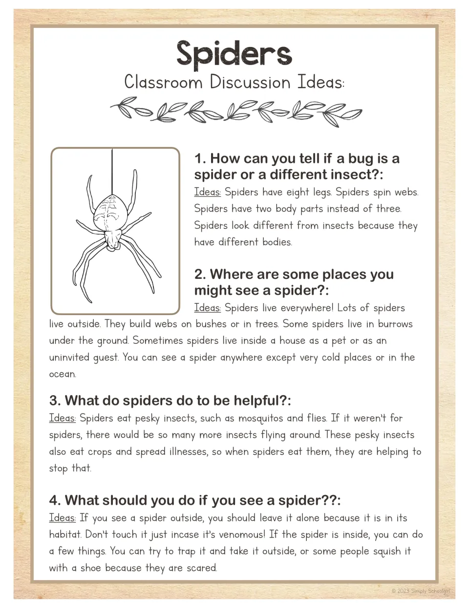 Teacher discussion guide with four questions about spider identification, habitats, benefits, and encounters