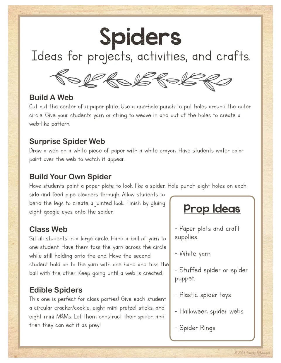 Spider activity guide with five projects: yarn webs, watercolor webs, spider crafts, a class web, and snacks