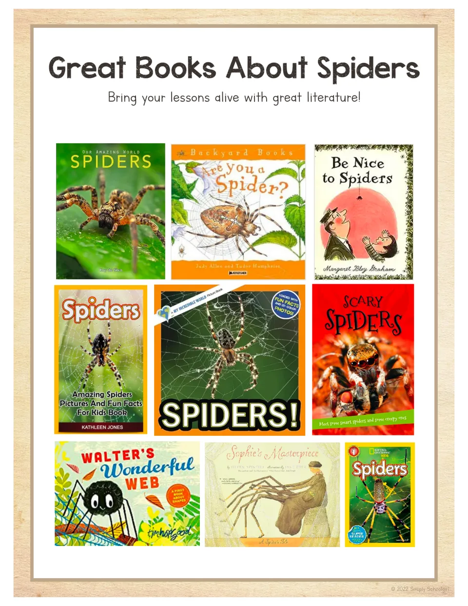Spider unit book list showing nine covers, including Are You a Spider?, Be Nice to Spiders, and six more