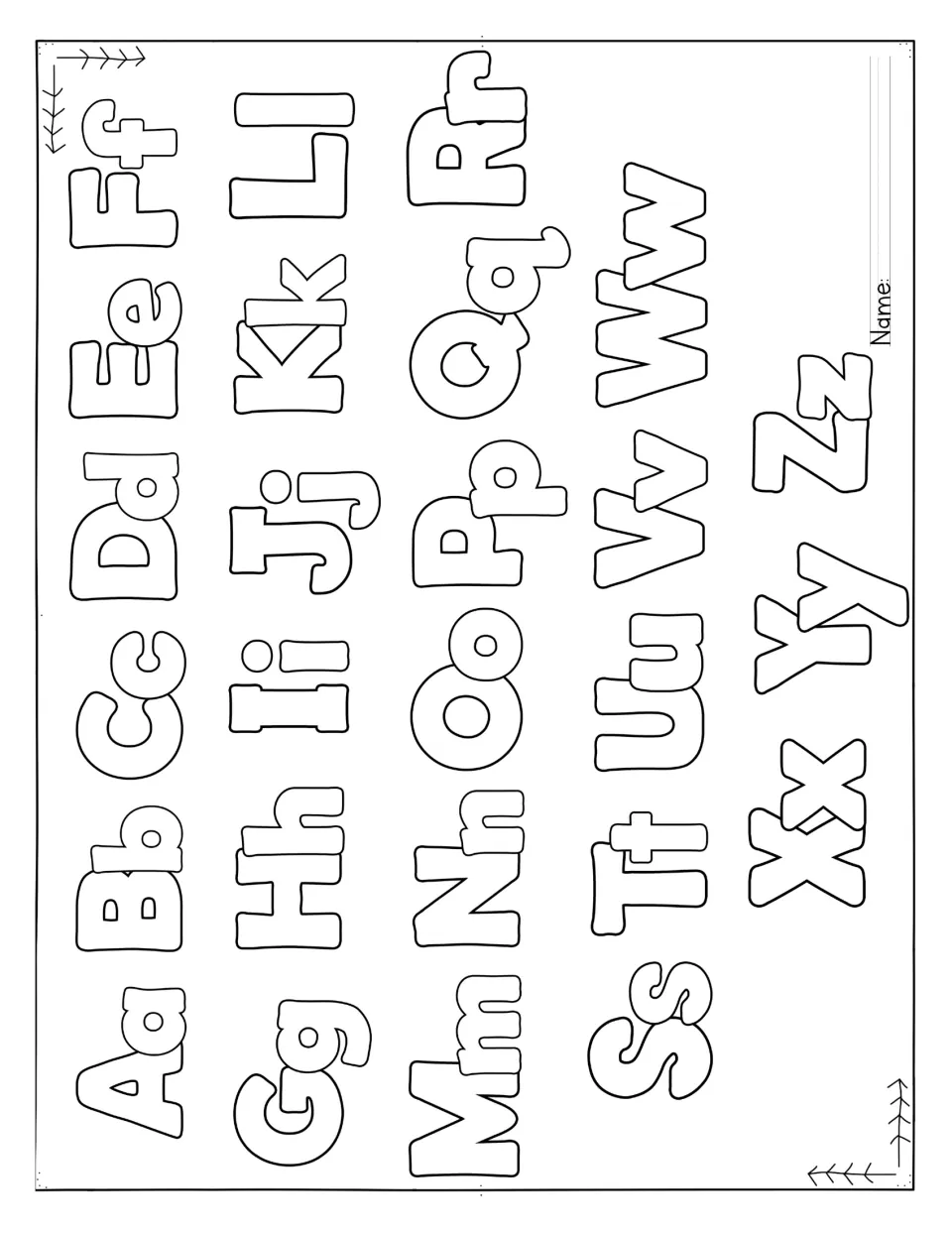 Alphabet reference sheet in the letter T unit displays all 26 uppercase and lowercase pairs from Aa to Zz.