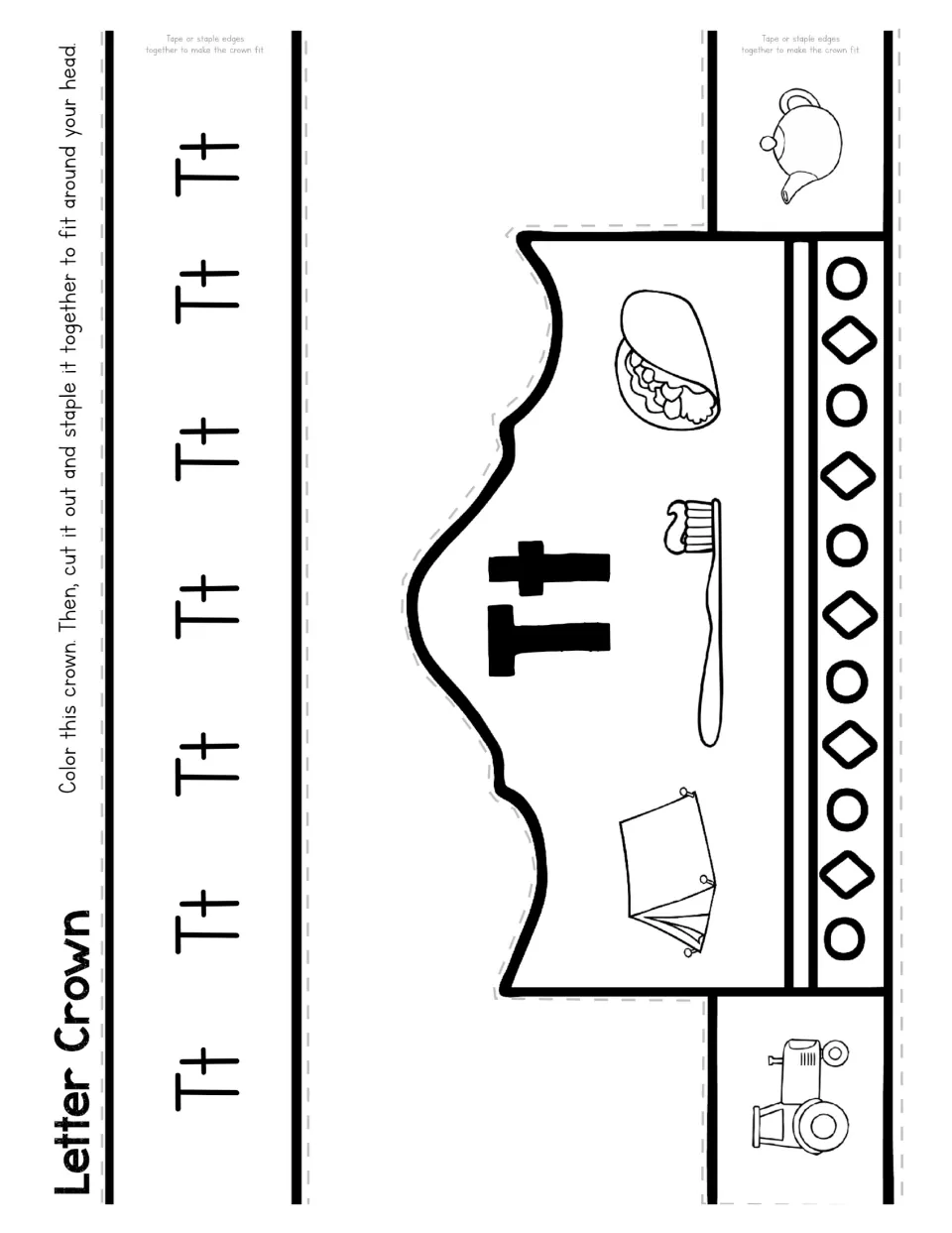 Letter T crown craft includes Tt, a tent, toothbrush, taco, tractor, and teapot to color and cut out.