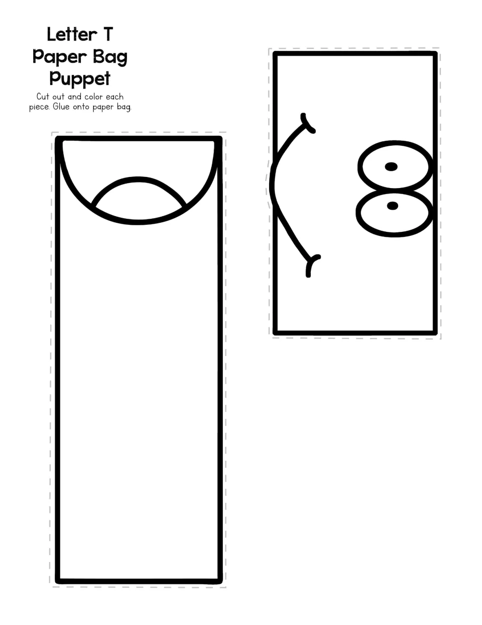 Letter T paper bag puppet template provides two face pieces to cut out, color, and glue onto a paper bag.