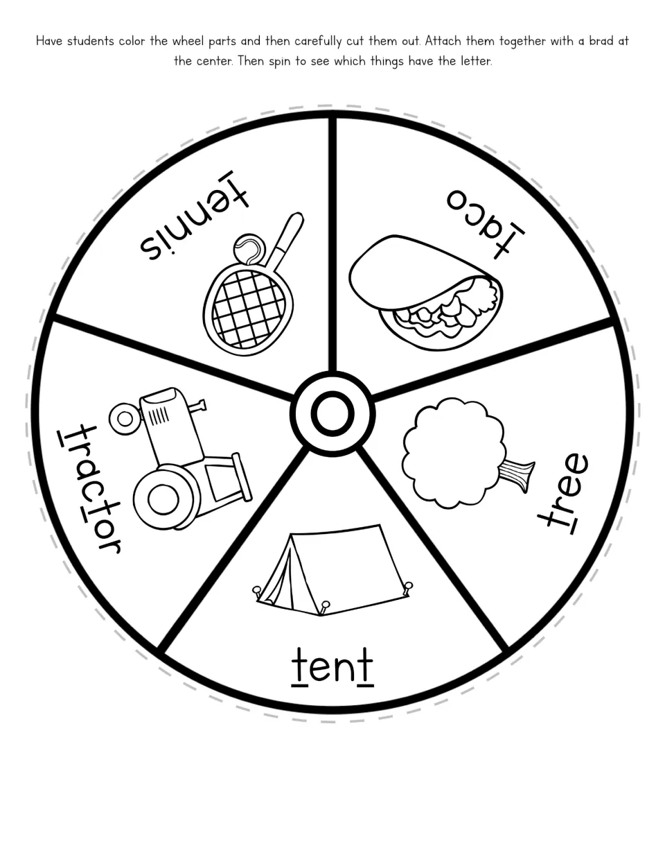 Letter T picture wheel has five labeled sections: tennis, taco, tree, tent, and tractor, with t underlined.