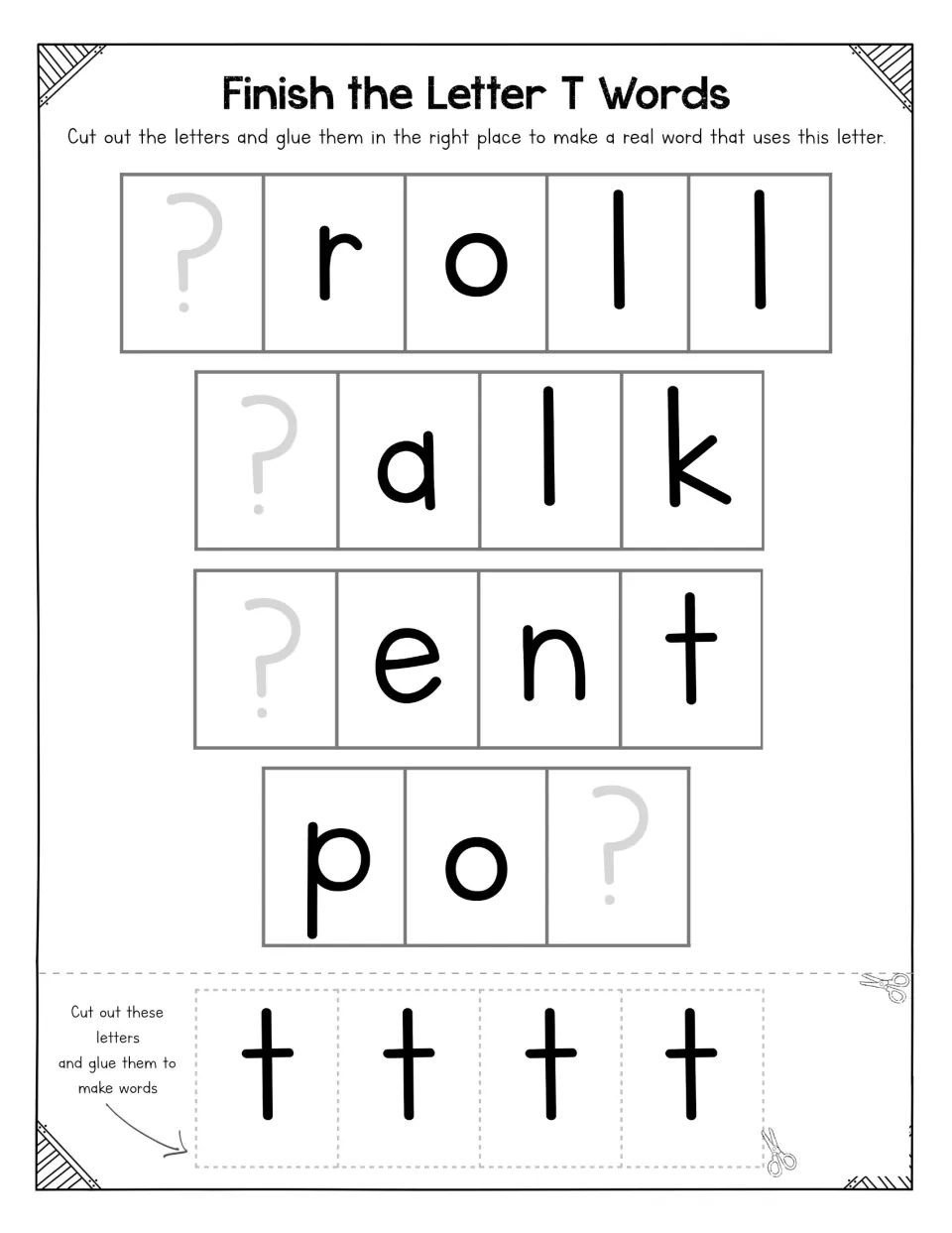 Letter T word-completion activity asks students to cut and glue four t letters to make troll, talk, tent, and pot.