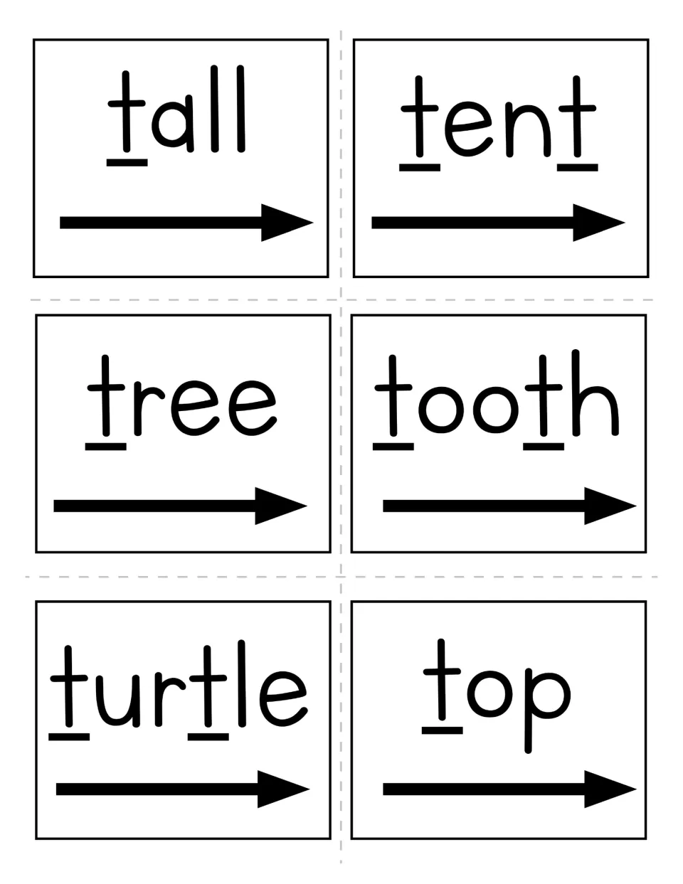Six letter T word cards read tall, tent, tree, tooth, turtle, and top, with each t underlined and reading arrows.