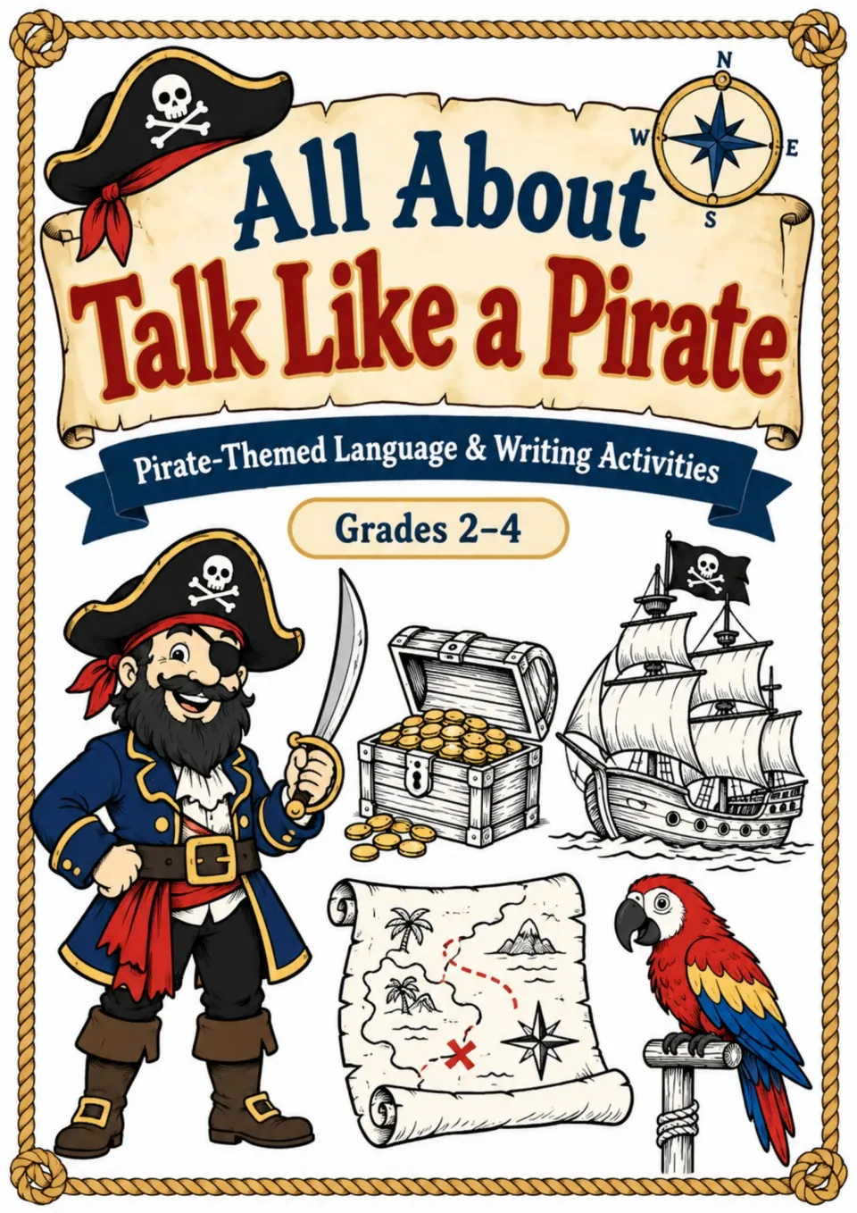 Cover of the pirate-themed language and writing resource, labeled Grades 2–4 and All About Talk Like a Pirate