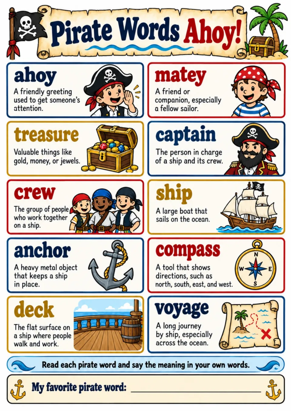 Pirate vocabulary page defining 10 words, including ahoy, matey, treasure, and captain, plus a favorite-word prompt
